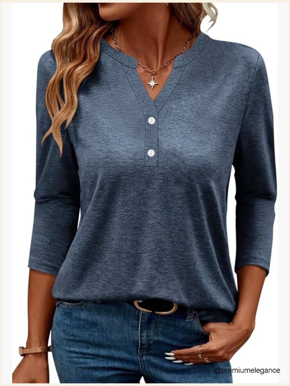 V Neck 3/4 Sleeve Button Down Tunic Tops